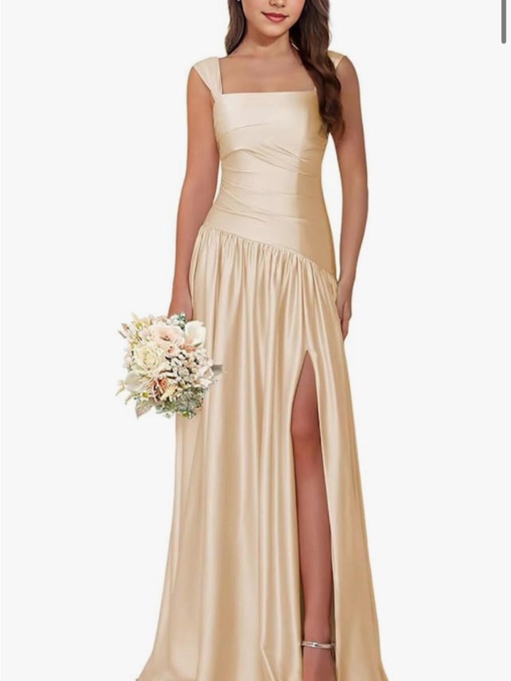 Elegant Cream Satin Bridesmaid Dress with Square Neck and Thigh Slit